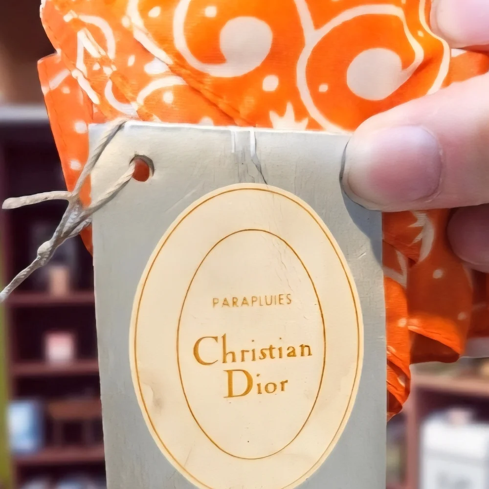 Vintage Christian Dior 70s 80s Orange Paisley pattern Umbrella - Picture 8 of 15